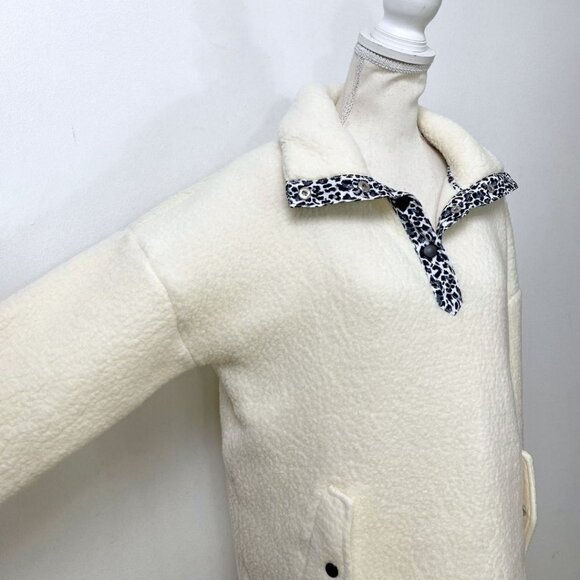 J CREW VINTAGE FLEECE IVORY WHITE SNAP COLLAR LEOPARD TRIM SHERPA PULLOVER - S - Picture 4 of 9
